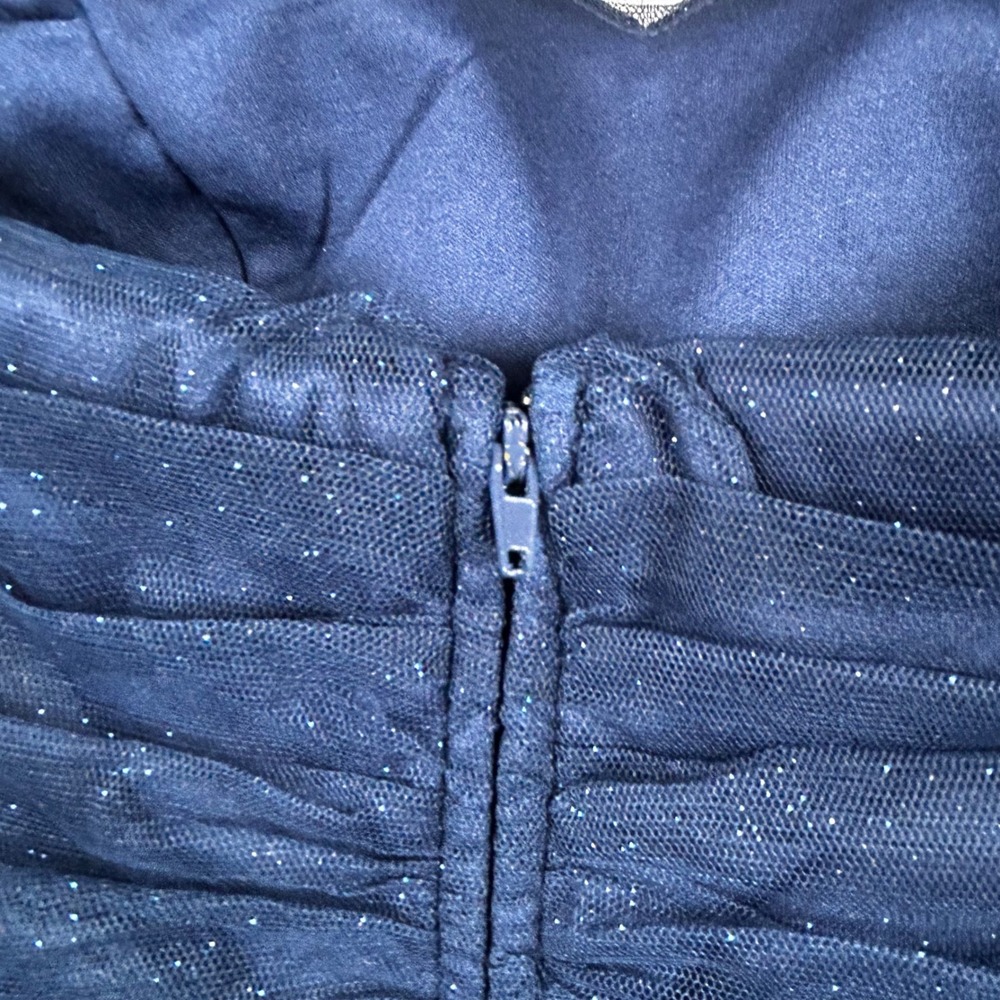 Teeze Me Navy Blue Glitter Tulle Strapless Ruffle Party Dress Rhinestone Belt 3 - Picture 7 of 9